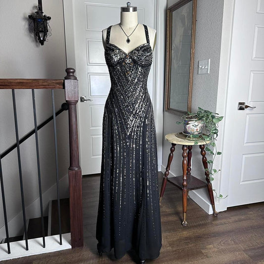 Black Vintage Fashion Elegant Delicate Beaded Sweetheart Neck Spaghetti Straps Long Tulle Chiffon Ball Gown Evening Gown Party Dress Prom Gown gh3682