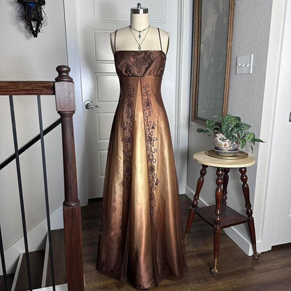 Gradient Tan Brown Gold Bronze Vintage Elegant Exquisite Beading Long Tulle Satin Floor Length Ball Gown Evening Gown Party Gown Graduation Gown gh3937