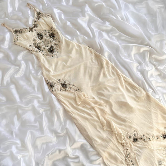 Ivory Shiny Fashion Elegant Beautiful Exquisite Gem Beaded Long Chiffon Ruffles Handmade Customized Ball Gown Evening Dress Party Dress Prom Dress gh3749