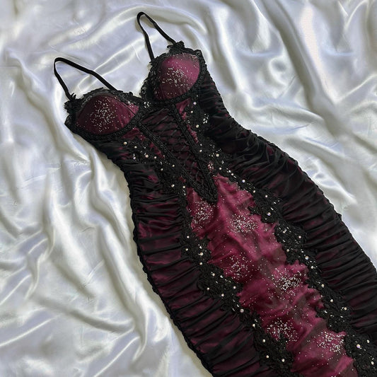 Berry pink stunning vintage fashion pleated mesh midi length elegant lace ball gown evening dress birthday party dress prom dress gh3643
