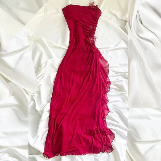 Dark pink elegant floral long chiffon birthday dress prom dress party dress homecoming dress gh4672