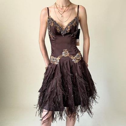 Brown Beaded Floral Short Satin Homecoming Dress Birthday Party Dress gh5085