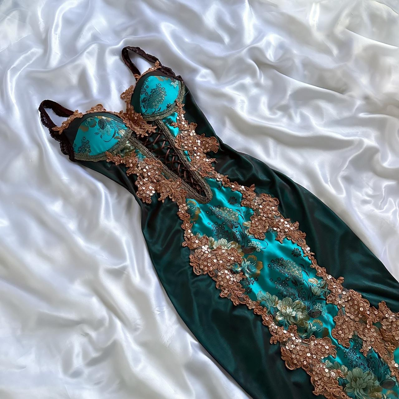 Turquoise Beautiful Fantasy Vintage Elegant Delicate Floral Sequin Beaded Bustier Midi Satin Homecoming Gown Prom Gown Evening Gown Party Gown Graduation Gown gh3941