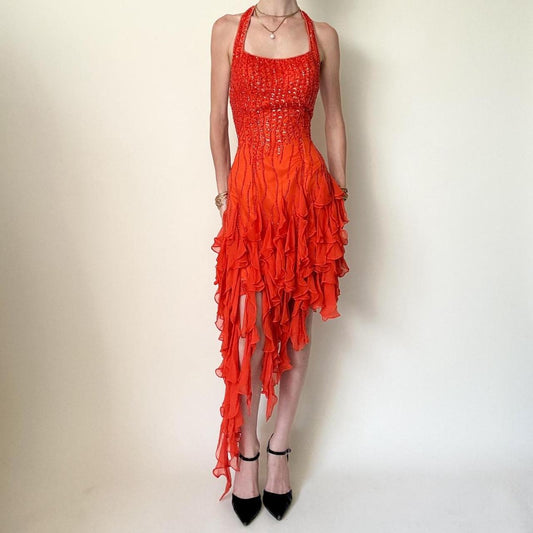 Orange Sequin Beaded Ruffle Chiffon Short/Mid-Length Homecoming Dress Dance Dress Party Dress gh5084