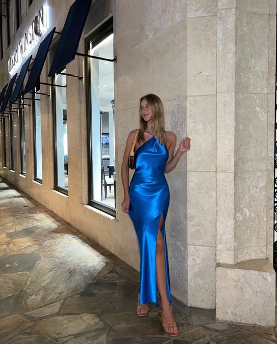 Sexy Mermaid Halter Royal Blue Slit Long Prom Dresses P1001