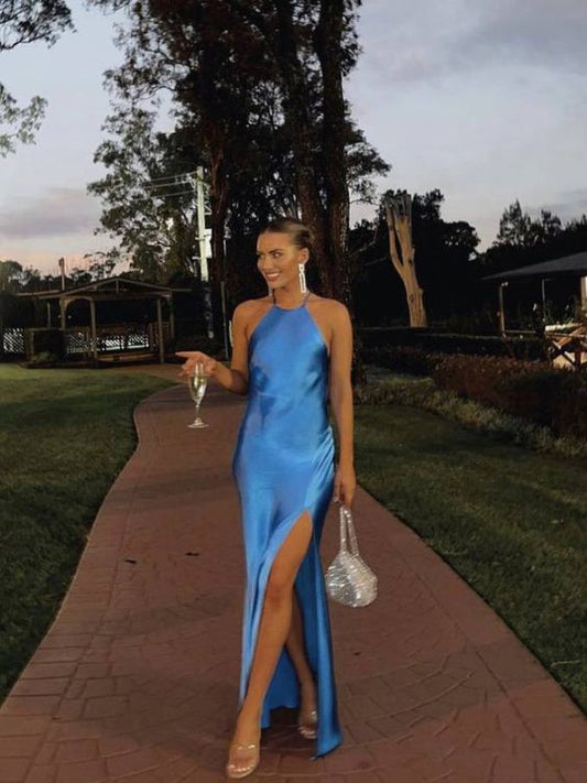 Sexy Mermaid Royal Blue Slit Long Prom Dresses P1002