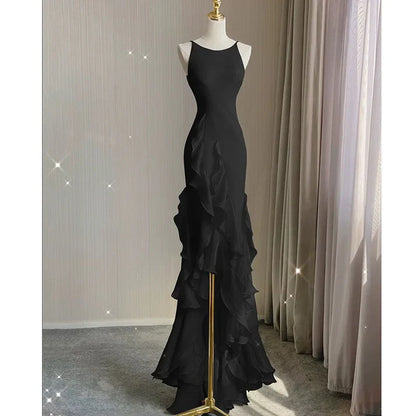 Black/Wine Red/White Fashion Elegant Spaghetti Strap Backless Long Chiffon Mermaid Slim Ruffle Ball Gown gh3460