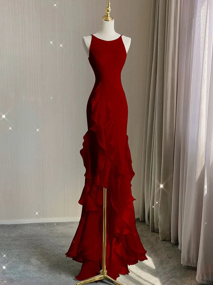 Black/Wine Red/White Fashion Elegant Spaghetti Strap Backless Long Chiffon Mermaid Slim Ruffle Ball Gown gh3460
