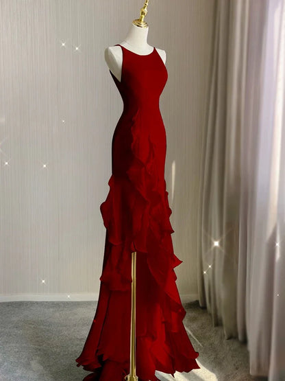 Black/Wine Red/White Fashion Elegant Spaghetti Strap Backless Long Chiffon Mermaid Slim Ruffle Ball Gown gh3460