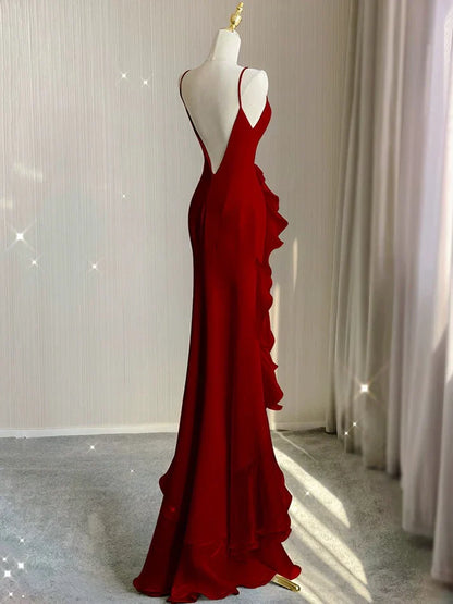 Black/Wine Red/White Fashion Elegant Spaghetti Strap Backless Long Chiffon Mermaid Slim Ruffle Ball Gown gh3460