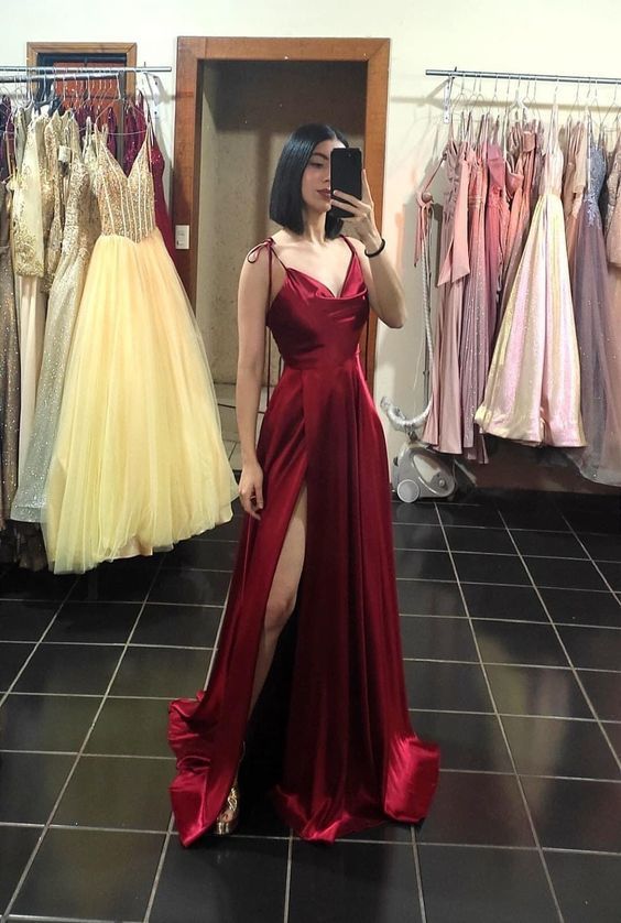 A line Straps Burgundy Satin Slit Long Prom Dresses P1024