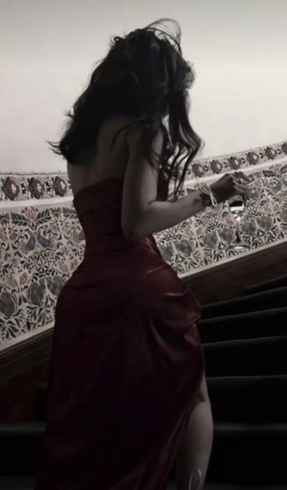 Modest Mermaid Burgundy Slit Birthday Dresses 21th Birthday Outfits P1025