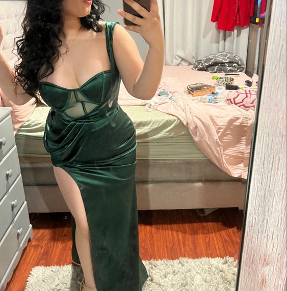 Sexy Mermaid Dark Green Velvet Long Slit Prom Dresses P1034