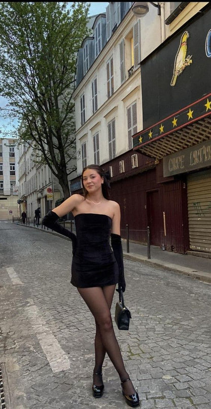 Simple Sheath Strapless 18th Birthday Dresses Black Velvet Birthday Outfits P1037