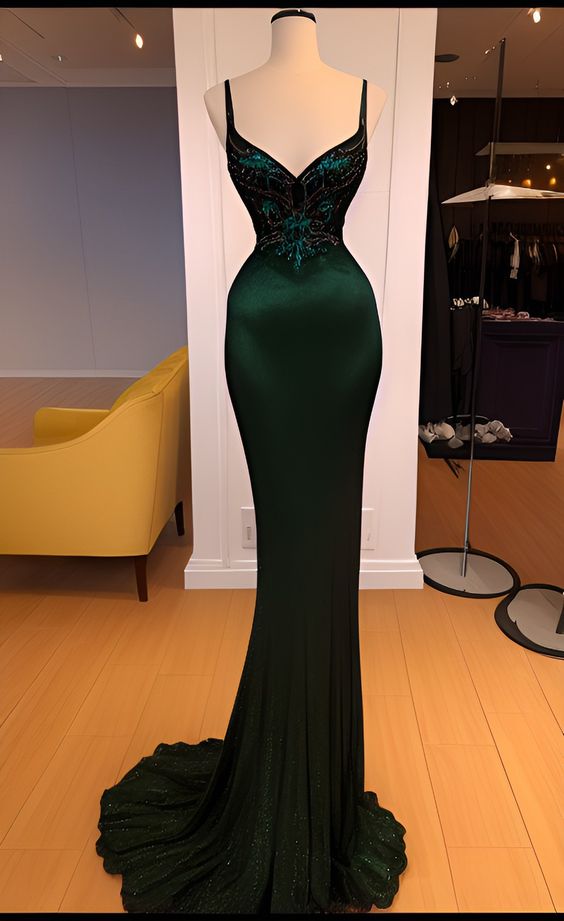 Mermaid Straps Dark Green Satin Long Prom Dresses P1061