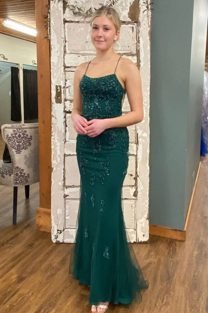 Backless Mermaid Green Lace Long Prom Dress Green Lace Formal Dress P1064