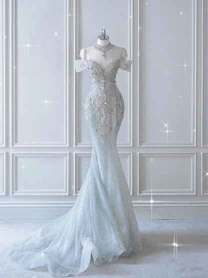 Vintage Mermaid Sequin Long Wedding Dresses P1071