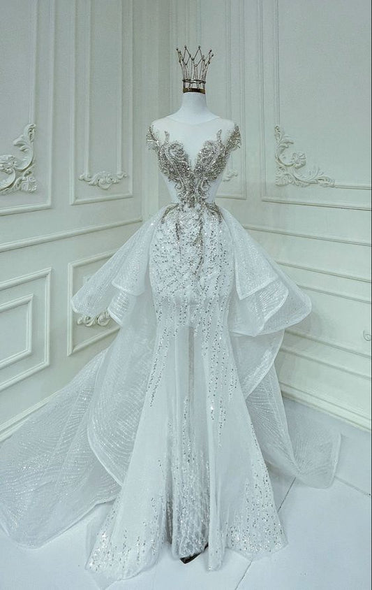 Vintage Mermaid Sleeveless Sequin Long White Wedding Dresses P1074