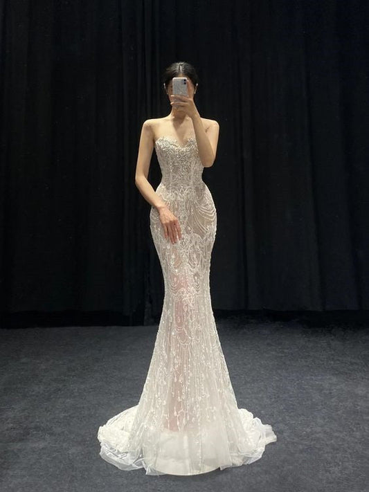 Vintage Mermaid Sleeveless Sweetheart Long White Wedding Dresses P1075