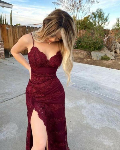Burgundy Long Mermaid Prom Dresses Leg Split Formal Evening Dress P1078