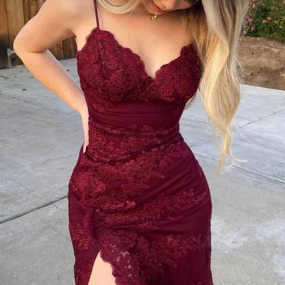 Burgundy Long Mermaid Prom Dresses Leg Split Formal Evening Dress P1078