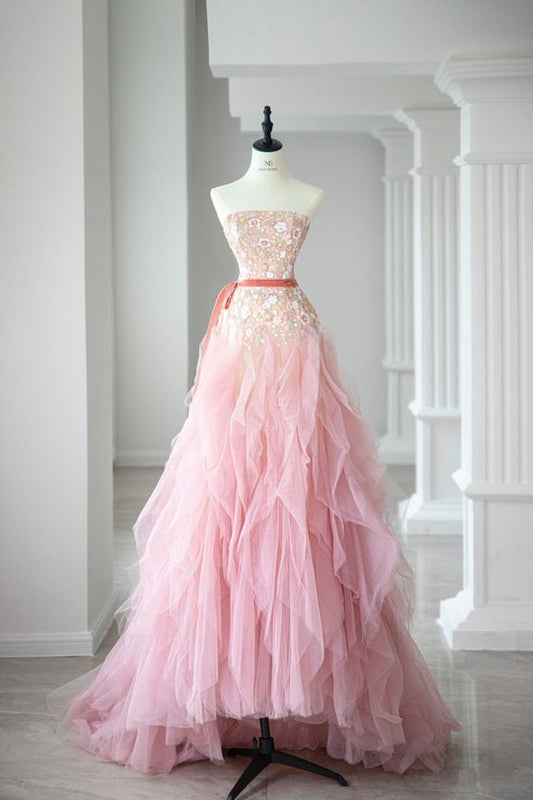Ball Gown Strapless Tulle Long Pink Prom Dress Evening Dresses P1090