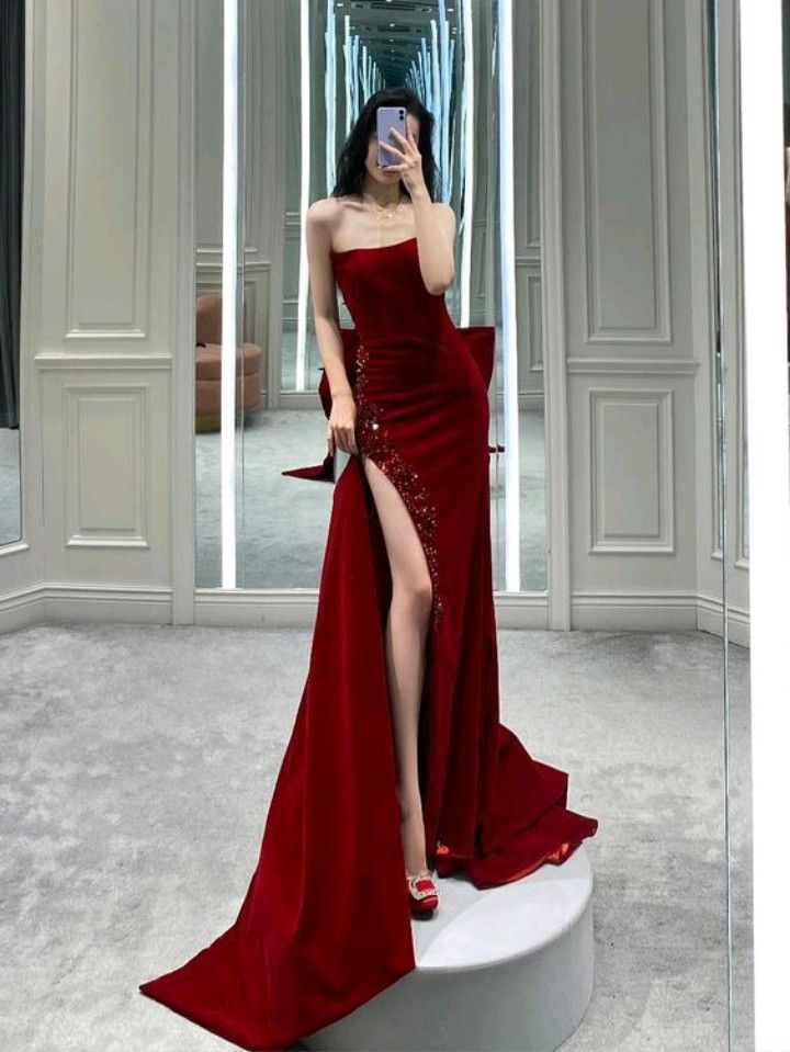 Sexy Mermaid Strapless Red Long Slit Prom Dress Evening Dresses P1093