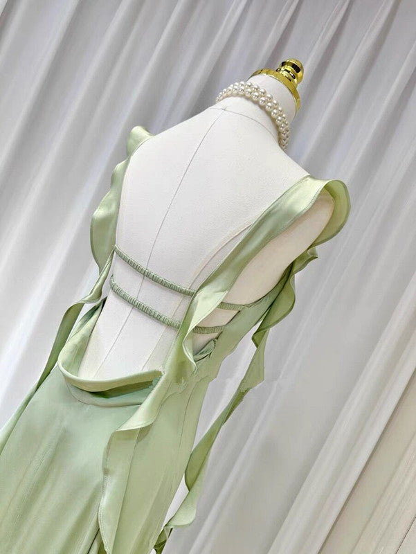 Sheath Spaghetti Straps Long Prom Dresses Mint Green Backless Prom Dress P1099