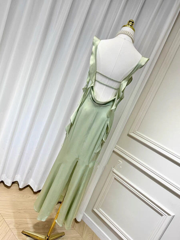 Sheath Spaghetti Straps Long Prom Dresses Mint Green Backless Prom Dress P1099