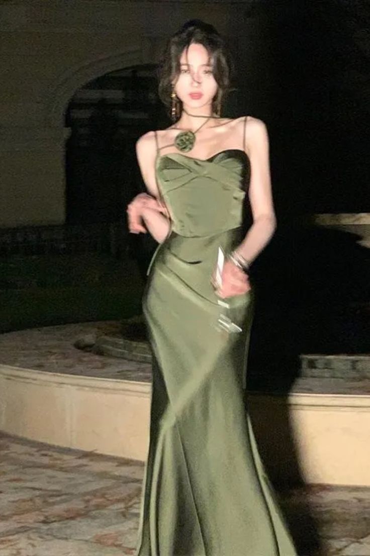 Mermaid Straps Satin Green Prom Dresses Formal Evening Dress P1102