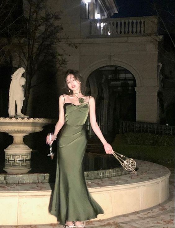 Mermaid Straps Satin Green Prom Dresses Formal Evening Dress P1102