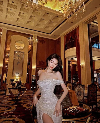 Sheath Off The Shoulder Sequin Long  Prom Dresses Formal Dress P1105