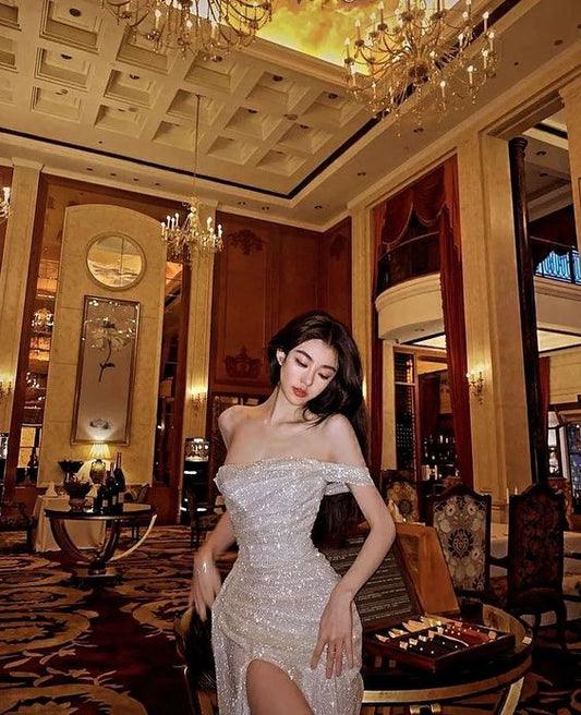 Sheath Off The Shoulder Sequin Long  Prom Dresses Formal Dress P1105