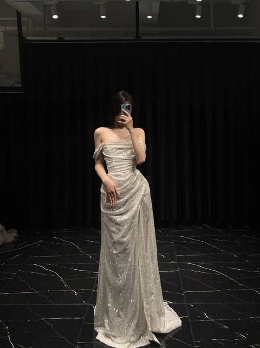 Sheath Off The Shoulder Sequin Long Prom Dresses Slit Formal Dress P1106