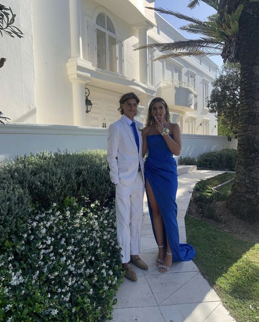 Elegant Sheath Strapless Royal Blue Slit Prom Dresses Formal Dress P1126