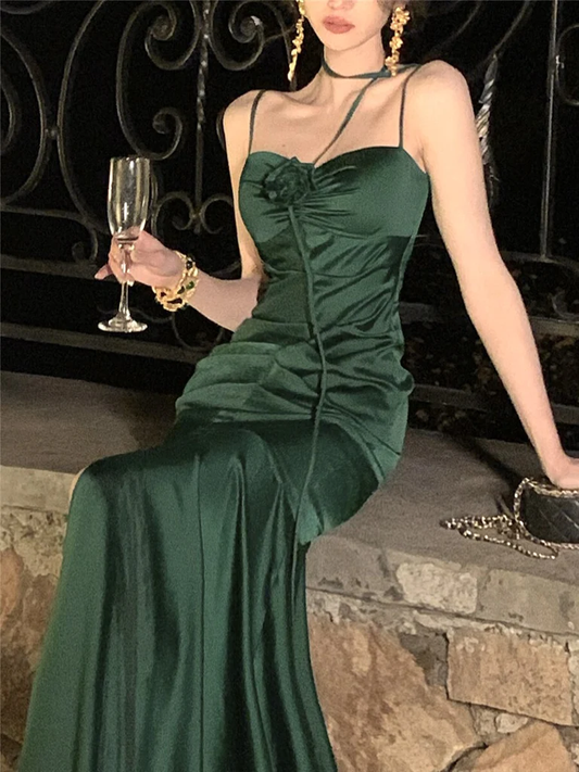 Elegant Mermaid Straps Satin Olive Green Prom Dresses Formal Evening Dress P1132