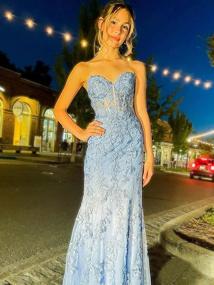Elegant Mermaid Light Sky Blue Lace Prom Dresses Formal Evening Dress P1142