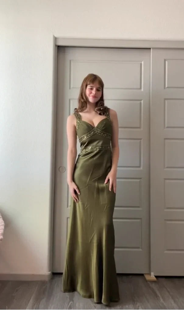 Olive Green Vintage Fashion Elegant Beading Bodycon Long Prom Gown Evening Dress Party Dress gh3459