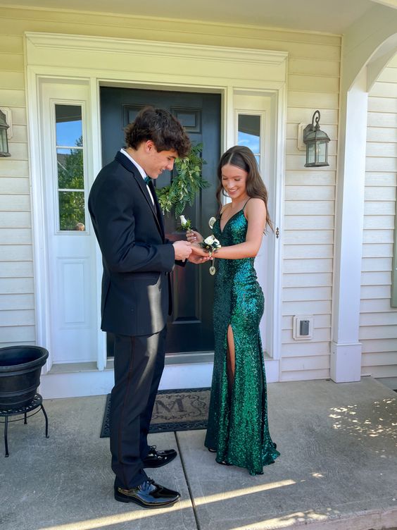 Mermaid Straps Floor Length Sleeveless Dark Green Slit Prom Dress P1156