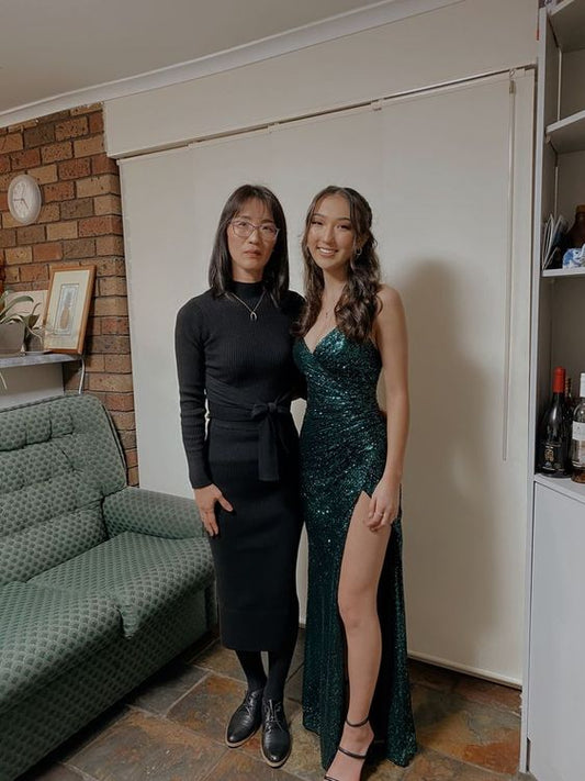 Mermaid Straps Floor Length Sleeveless Dark Green Side Slit Prom Dress P1157