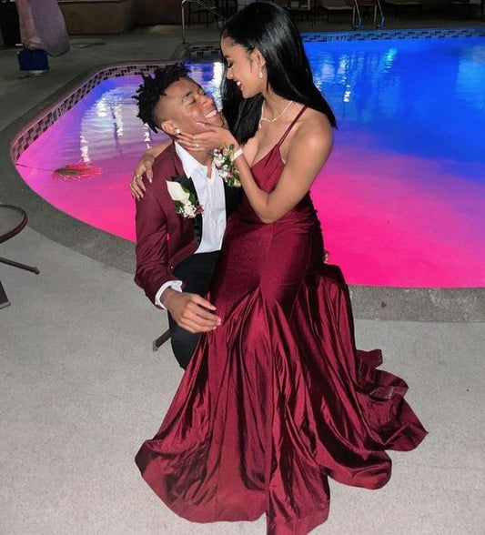 Mermaid Straps Floor Length Sleeveless Burgundy Prom Dress P1158