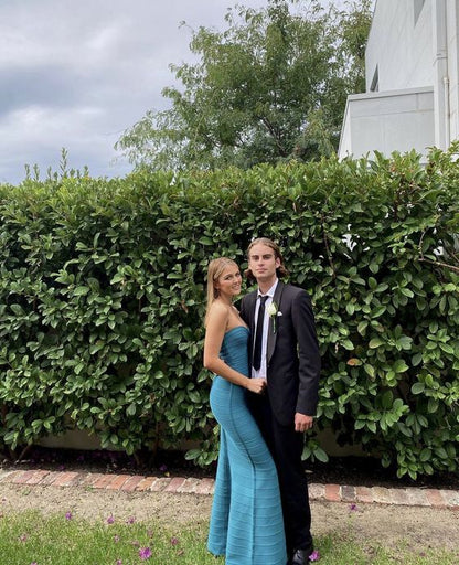 Simple Mermaid Strapless Floor Length Sleeveless Blue Prom Dress P1163