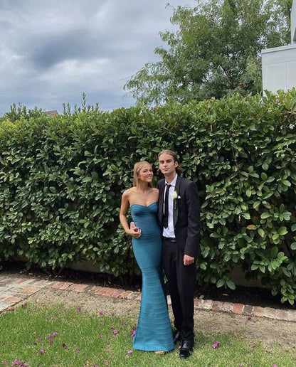 Simple Mermaid Strapless Floor Length Sleeveless Blue Prom Dress P1163