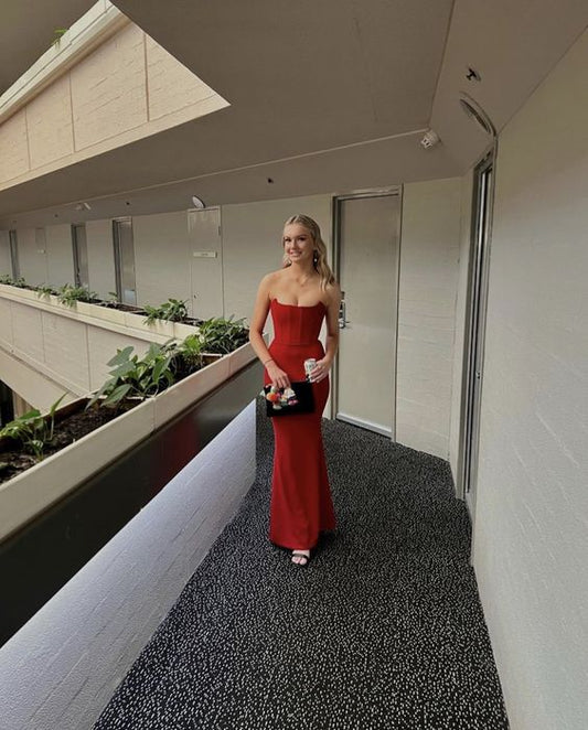Simple Mermaid Strapless Floor Length Sleeveless Red Prom Dress P1165