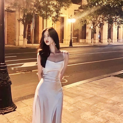 Spaghetti Straps Ivory Satin Mermaid Prom Dresses Side Slit Prom Dress P1170