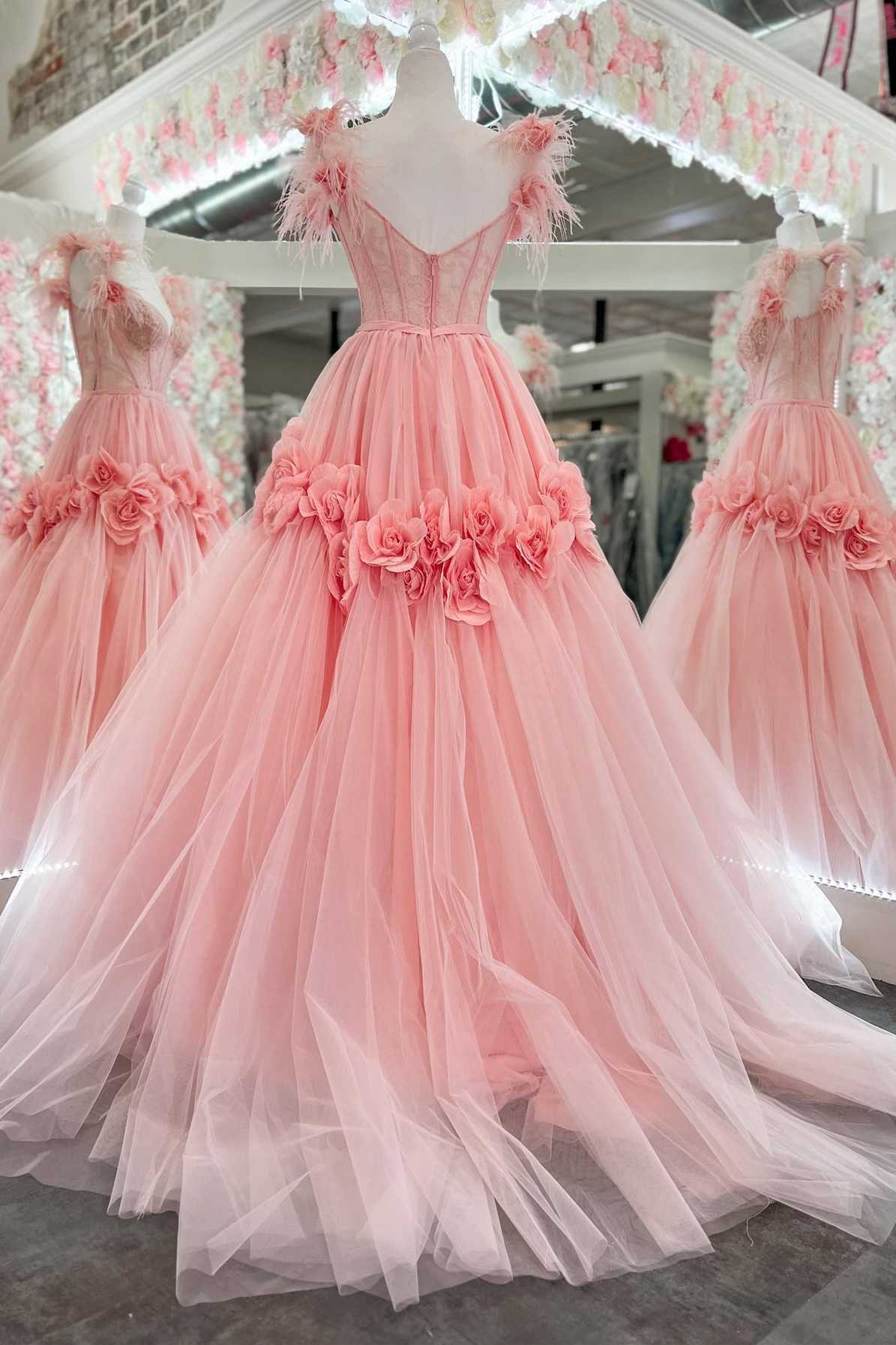 Pink Feather Lace Sweetheart Ball Gown Prom Dress with 3D Floral Lace P1177