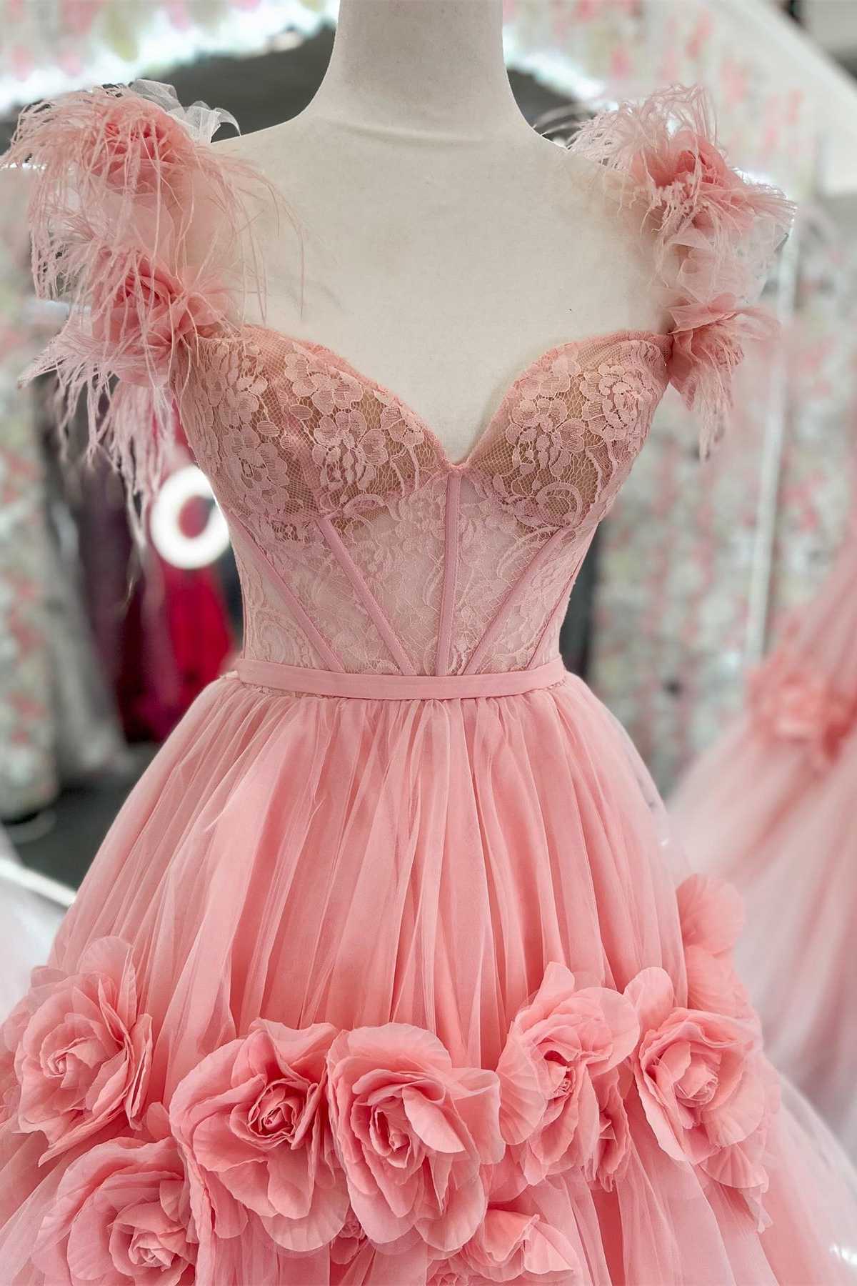 Pink Feather Lace Sweetheart Ball Gown Prom Dress with 3D Floral Lace P1177