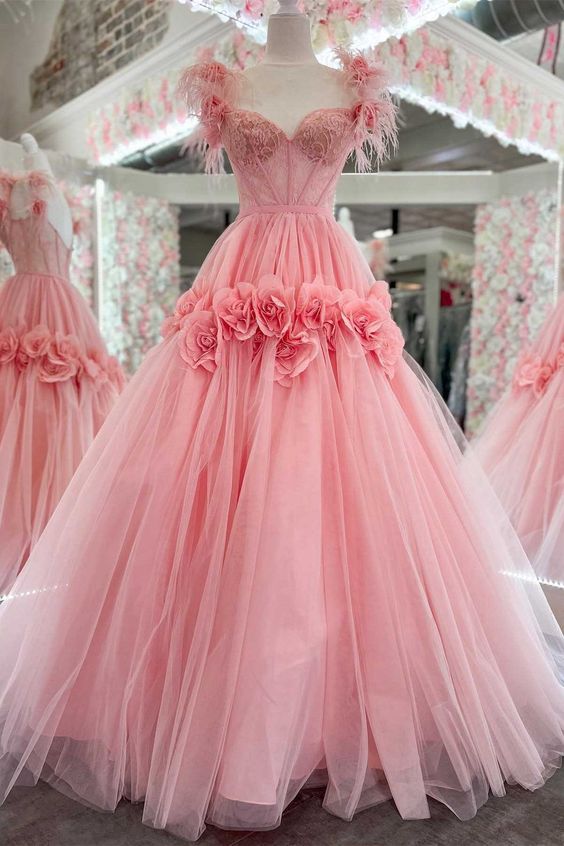 Pink Feather Lace Sweetheart Ball Gown Prom Dress with 3D Floral Lace P1177