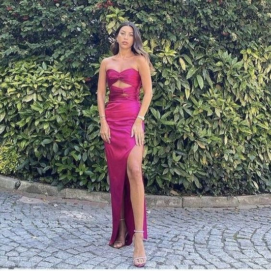 Sheath Strapless Hot Pink Floor Length Sleeveless Prom Dress P1184