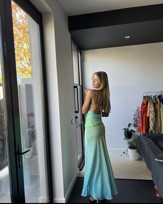 Vintage Mermaid Straps Ombre Green Floor Length Sleeveless Prom Dress P1189